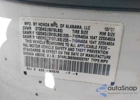 2008 Honda Odyssey Touring из США, поврежденный, VIN 5FNRL38858B005797